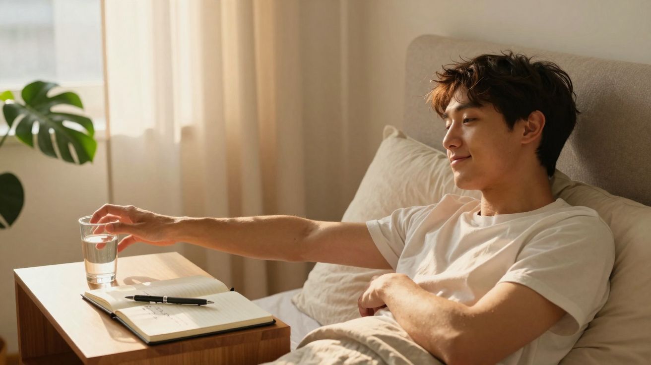 Homem sorridente na cama esticando o braço para pegar um copo de água em uma mesa ao lado.