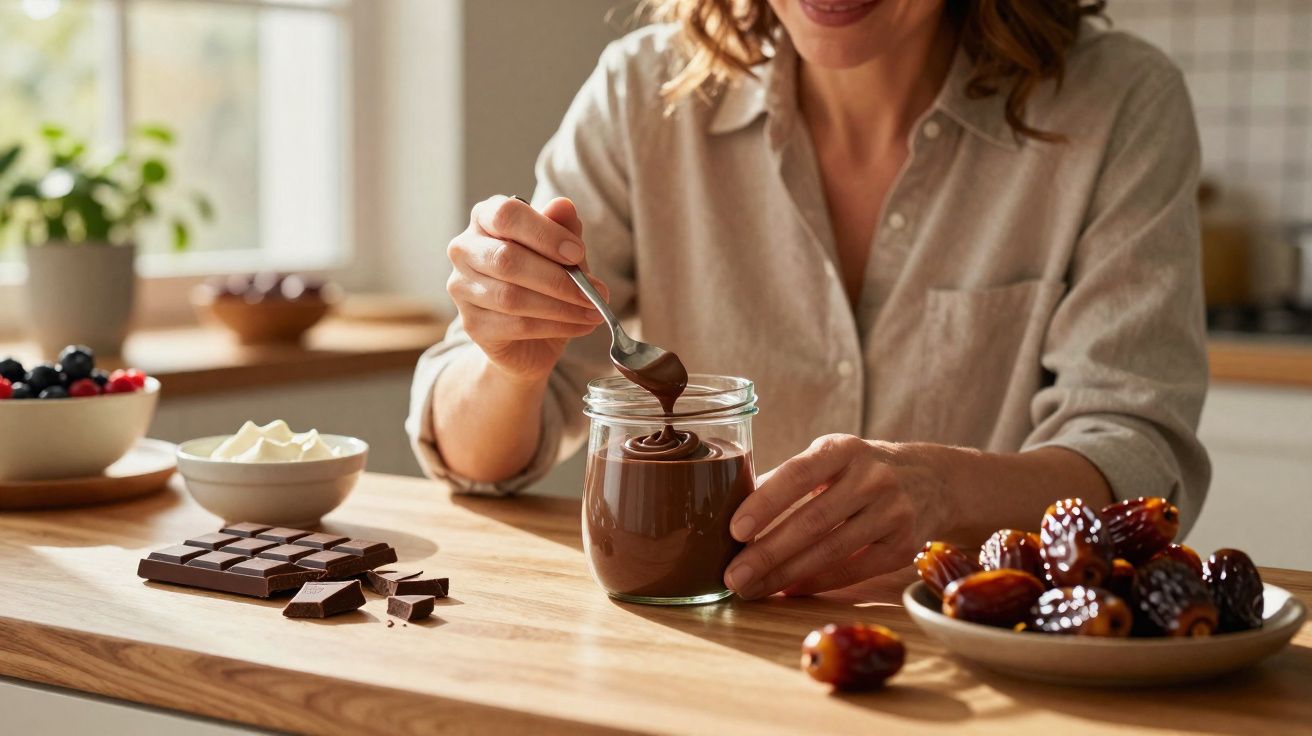 Pessoa mexendo creme de chocolate em pote com barra de chocolate, tâmara e tigela de frutas ao fundo.