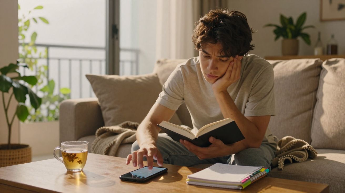 Jovem sentado no sofá lendo livro, com celular e caderno em mesa de madeira à sua frente.