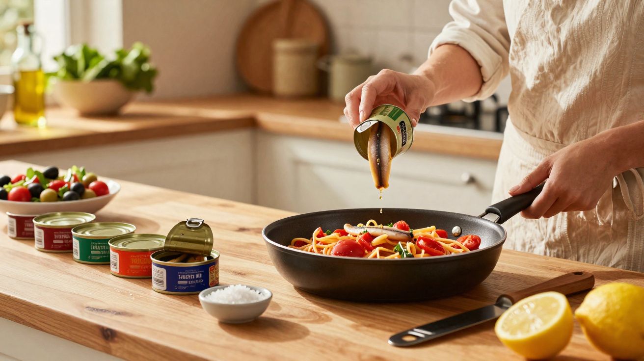 Pessoa adicionando sardinha em lata em frigideira com macarrão e tomate em cozinha iluminada.
