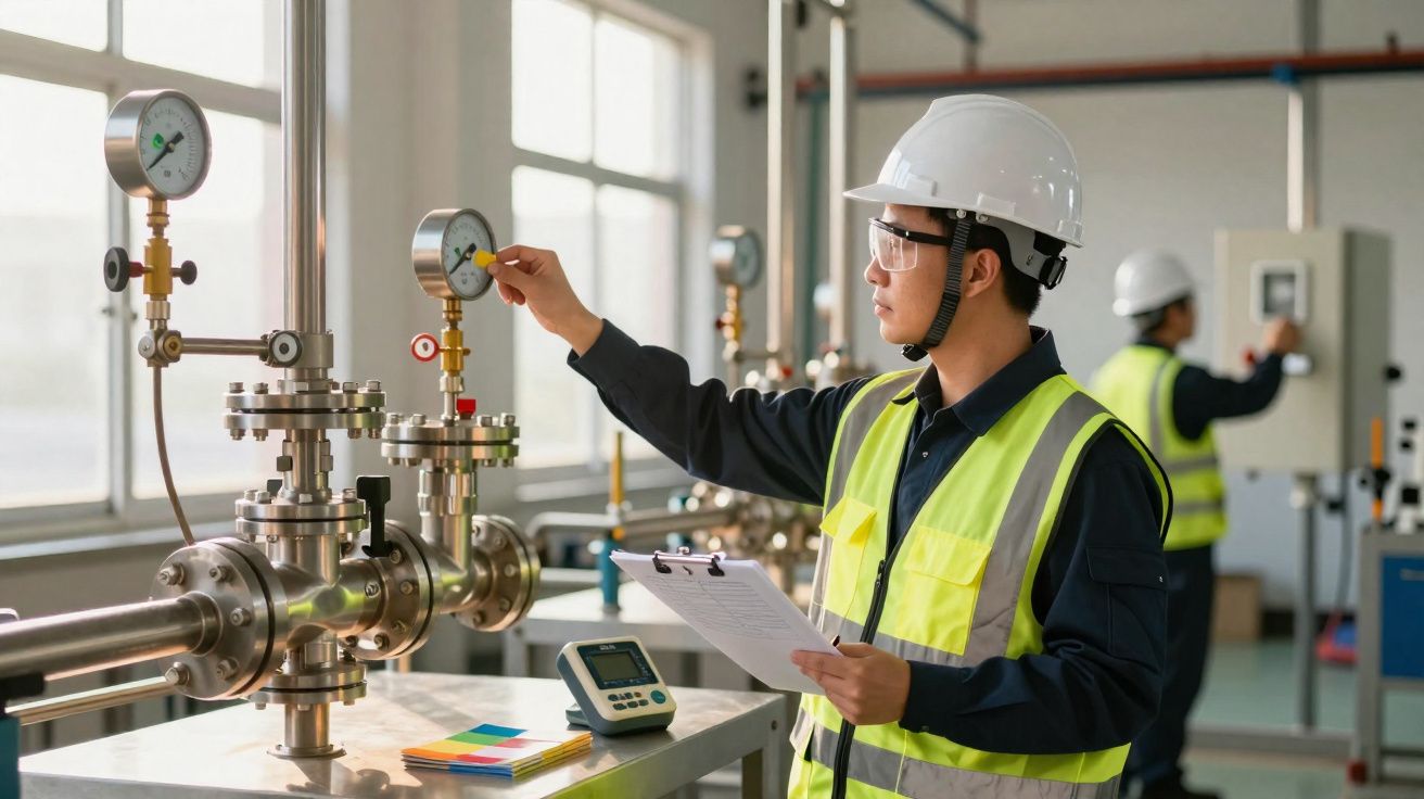 Técnico em segurança ajusta medidor em tubulação industrial enquanto verifica dados em prancheta.