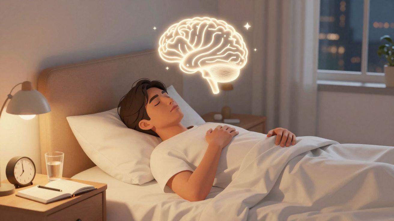 Homem dormindo em cama com ilustração luminosa de cérebro flutuando sobre a cabeça.