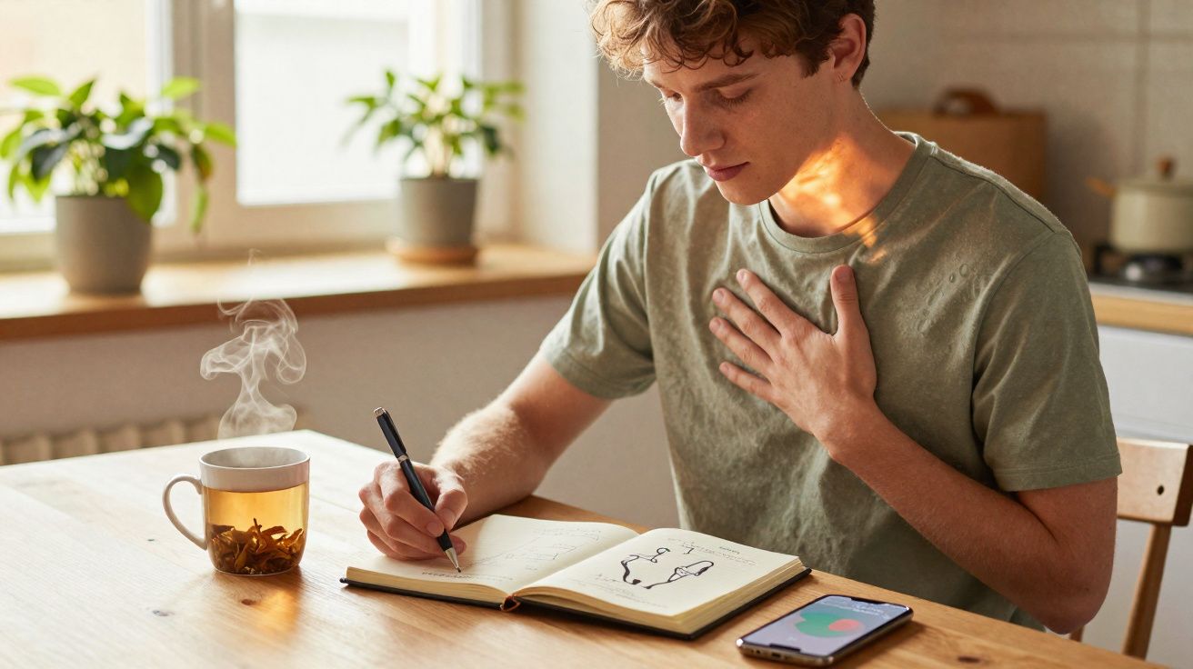 Jovem sentado à mesa escrevendo em caderno com chá quente e celular ao lado em ambiente iluminado.