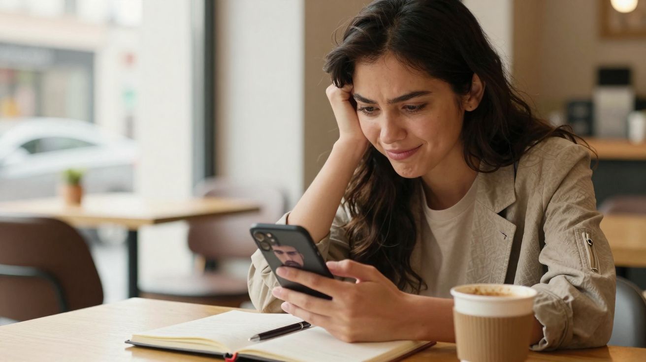 Mulher sentada em cafeteria mexendo no celular com expressão preocupada, ao lado de caderno e café.