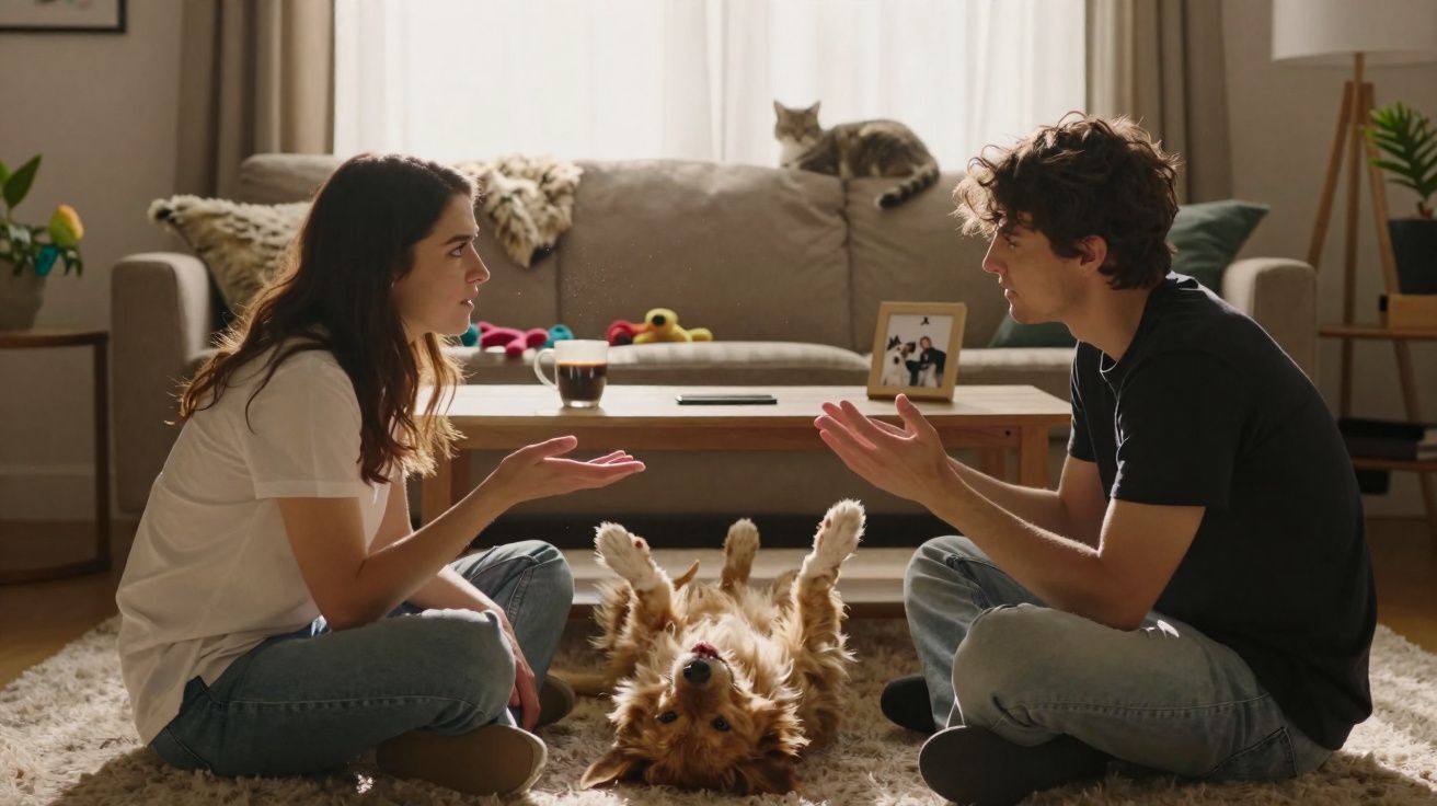 Casal sentado no tapete conversando, cachorro deitado de barriga para cima e gato no sofá ao fundo.