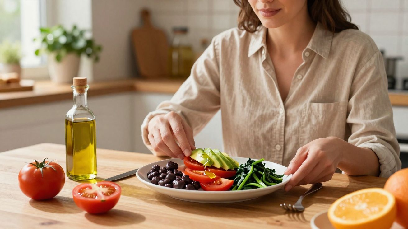 Mulher arrumando prato com tomate, abacate, azeitonas e espinafre em cozinha iluminada.