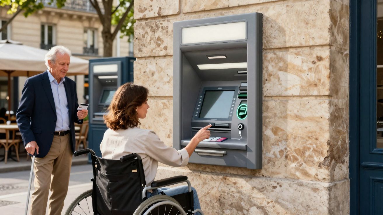 Mulher em cadeira de rodas usando caixa eletrônico na calçada, homem idoso observa segurando cartão.