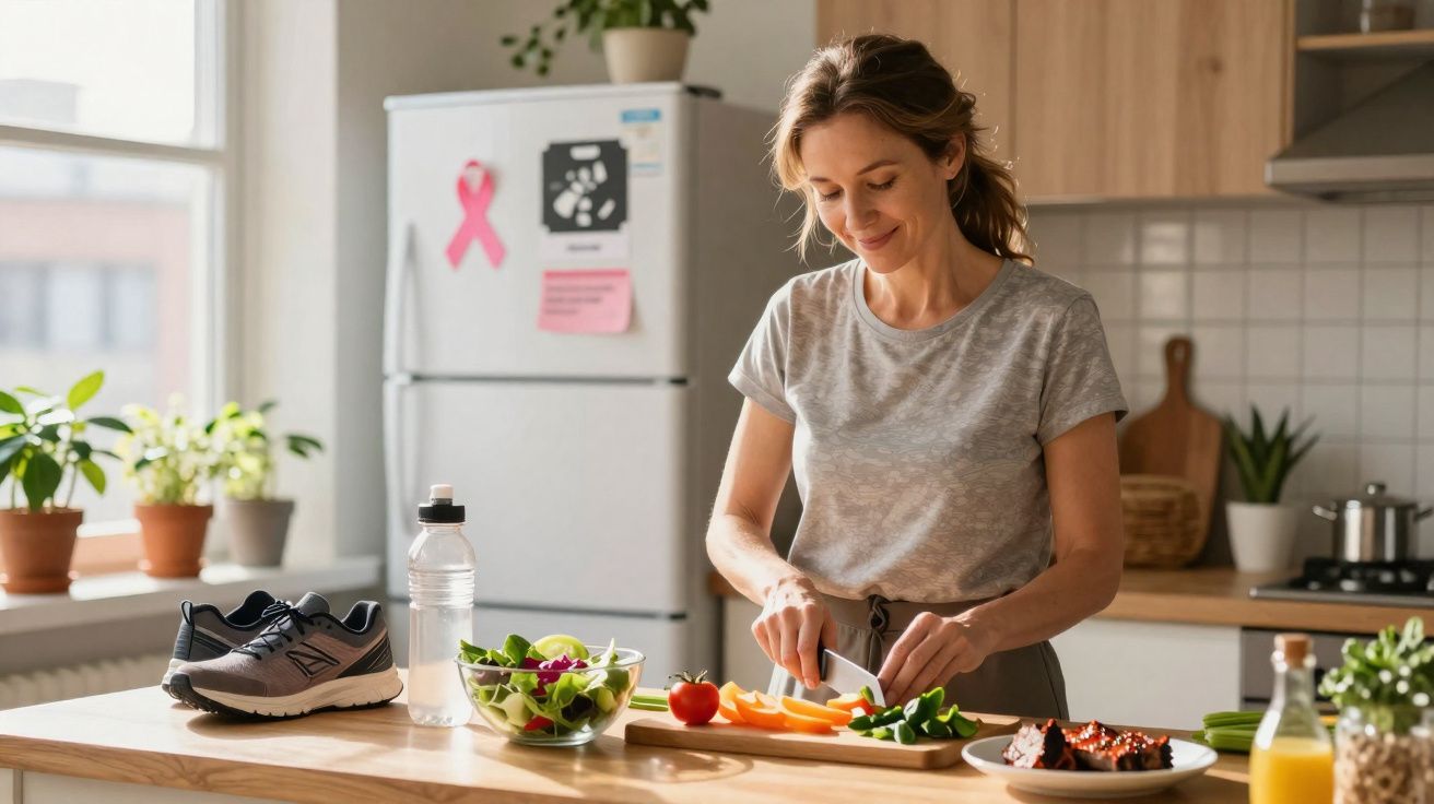 Mulher cortando legumes na cozinha com tênis, garrafa de água e salada sobre a bancada.