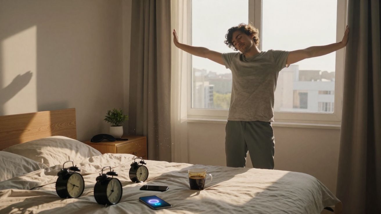 Homem espreguiçando-se ao lado da janela em quarto com cama e despertadores ao amanhecer.