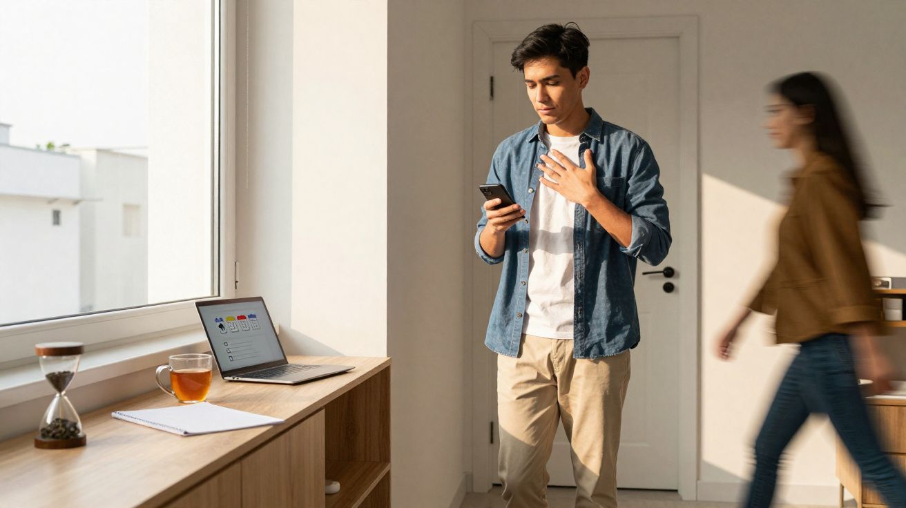 Homem usando celular com expressão preocupada enquanto mulher passa apressada em ambiente iluminado.