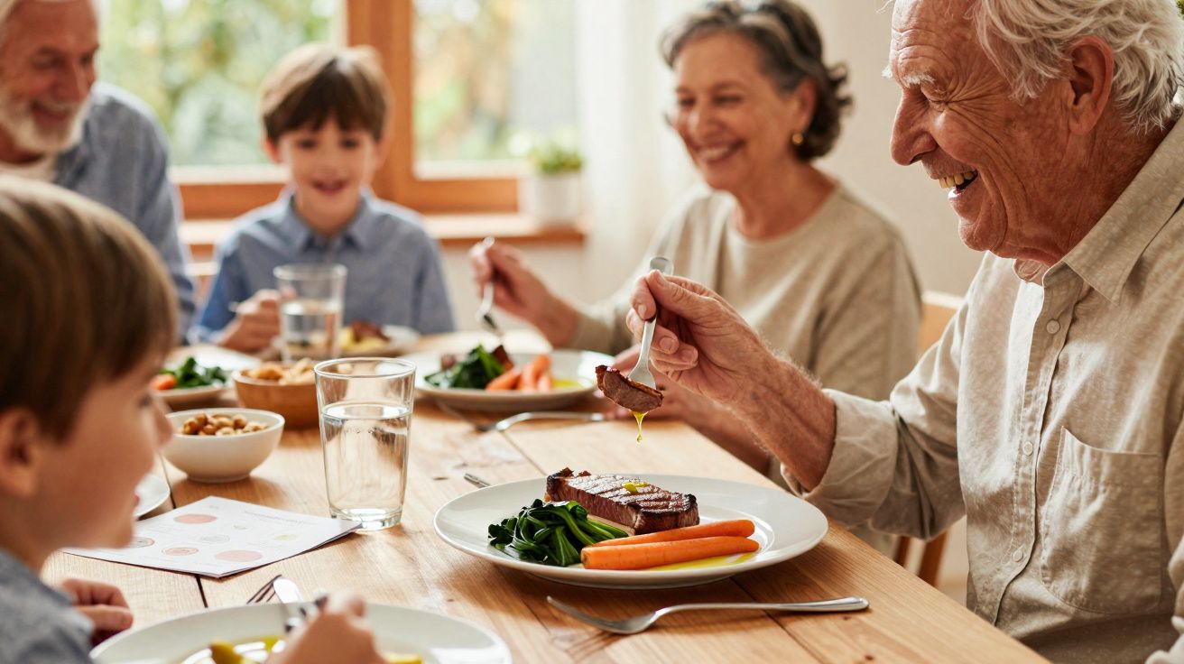 Família de várias gerações sorrindo e jantando junta, com pratos de carne, cenoura e vegetais à mesa.