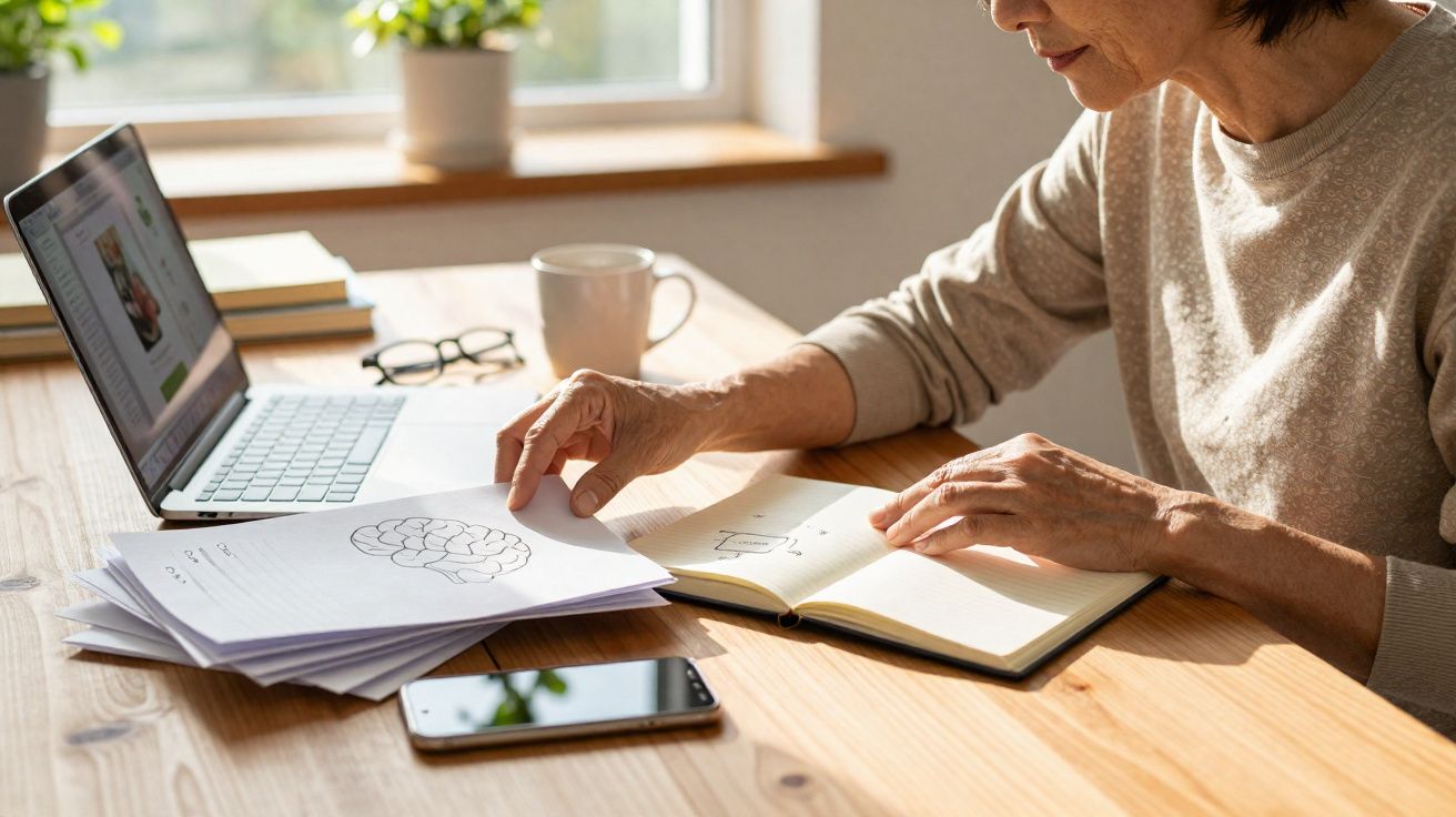 Mulher estudando à mesa com laptop, livros, caderno, folhas e celular em ambiente iluminado.
