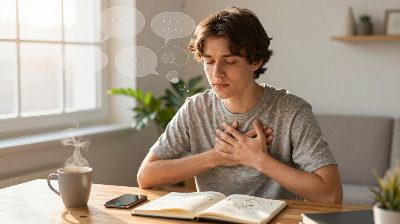 Jovem sentado à mesa com as mãos no peito, olhos fechados, lendo um livro e pensando profundamente.