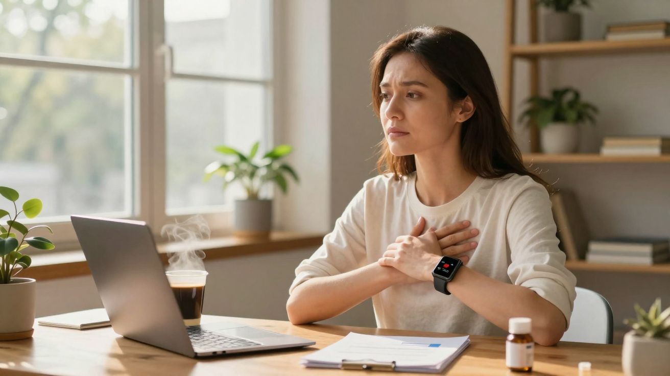 Mulher sentada à mesa com laptop, segurando o peito com expressão de desconforto.