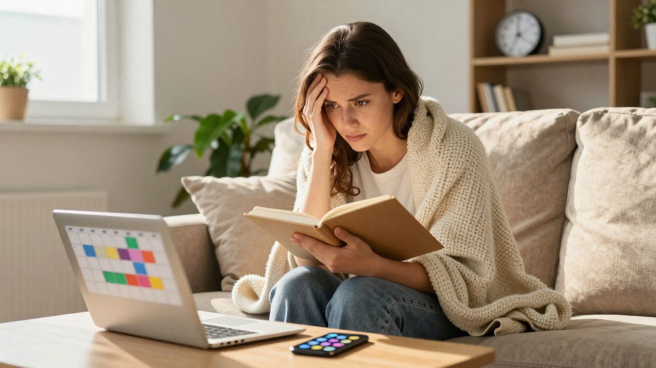 Mulher com expressão preocupada lendo livro sentada no sofá com laptop e celular à frente em sala iluminada.