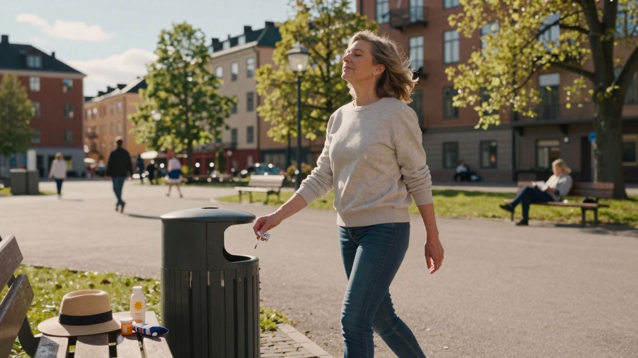 Mulher caminhando em parque ensolarado próximo a lixeira com bancos e árvores ao fundo.