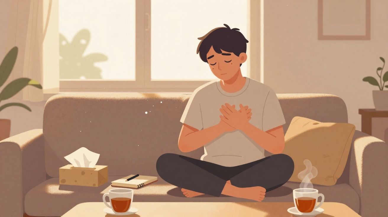Pessoa sentada no sofá com expressão de dor no peito, duas xícaras e caixa de lenços na mesa.