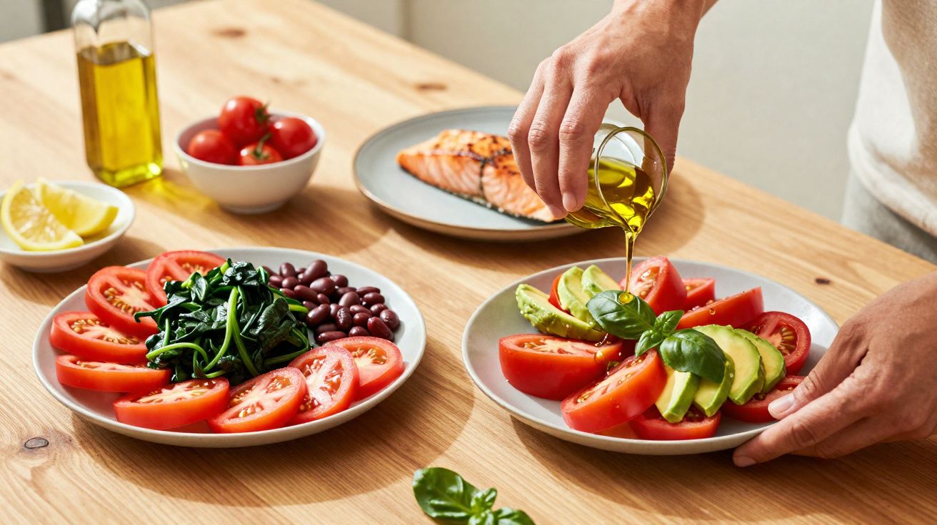Pessoa regando salada de tomate e abacate com azeite, ao lado de prato com tomate, feijão e espinafre.