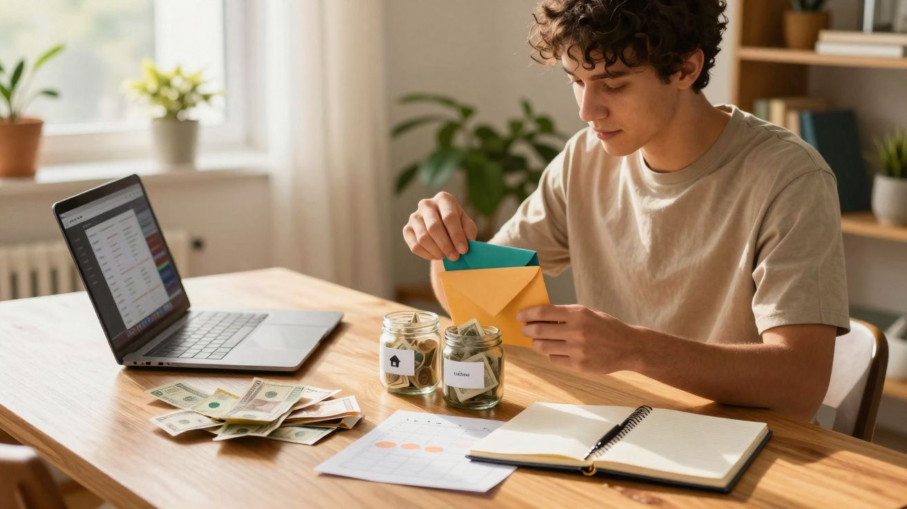 Jovem organizando dinheiro em envelopes ao lado de computador e cadernos em mesa de madeira.