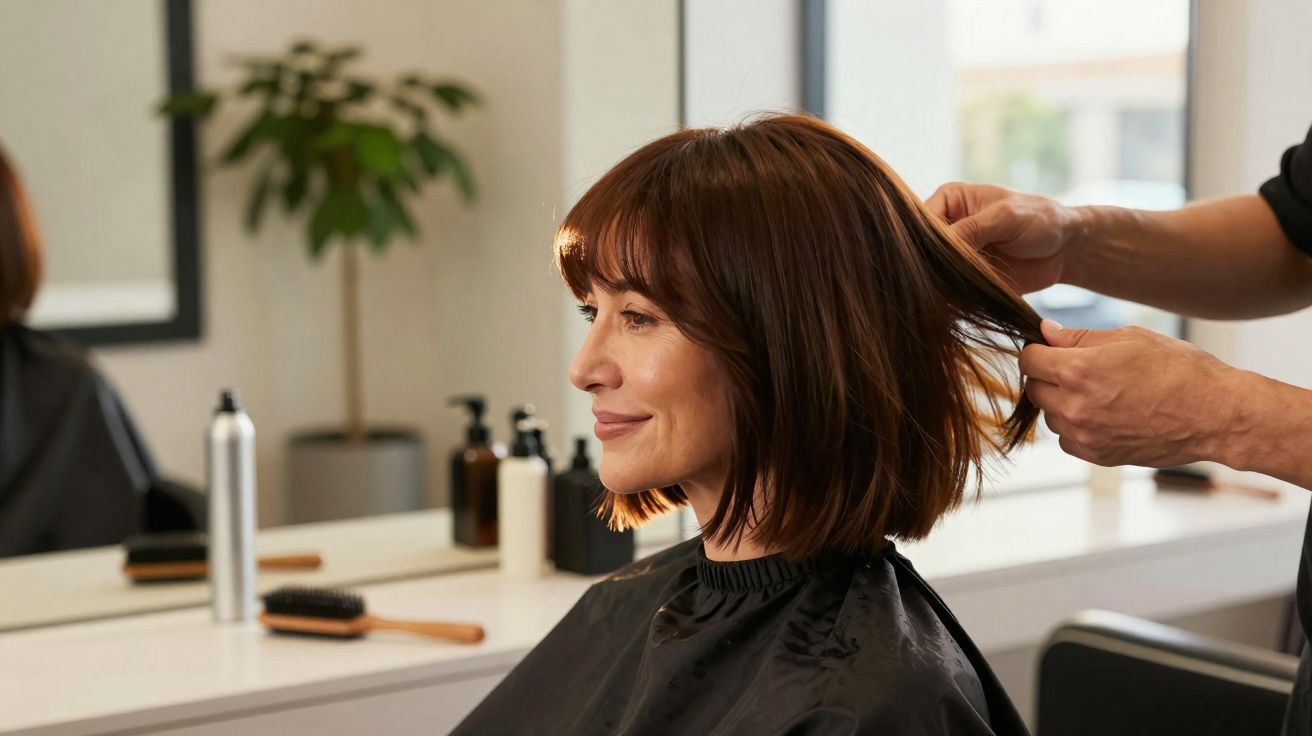 Mulher sorrindo com cabelo castanho sendo arrumado por cabeleireiro em salão de beleza.