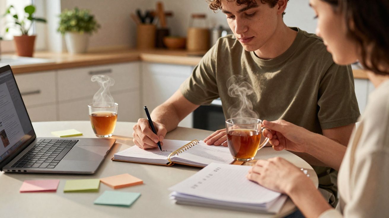 Jovem e mulher estudando juntos com cadernos, laptop e chá quente em uma cozinha moderna.