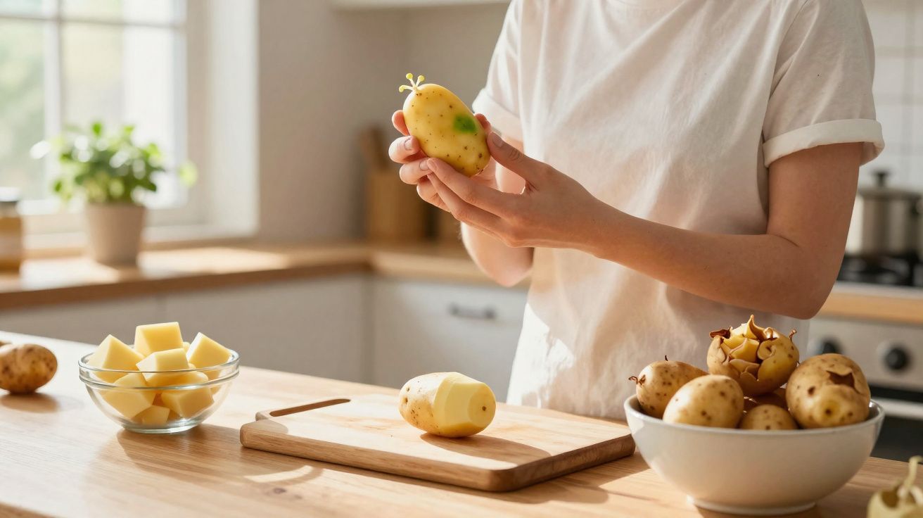 Pessoa segurando batata com broto, ao lado de batatas descascadas e em cubos em cozinha iluminada.