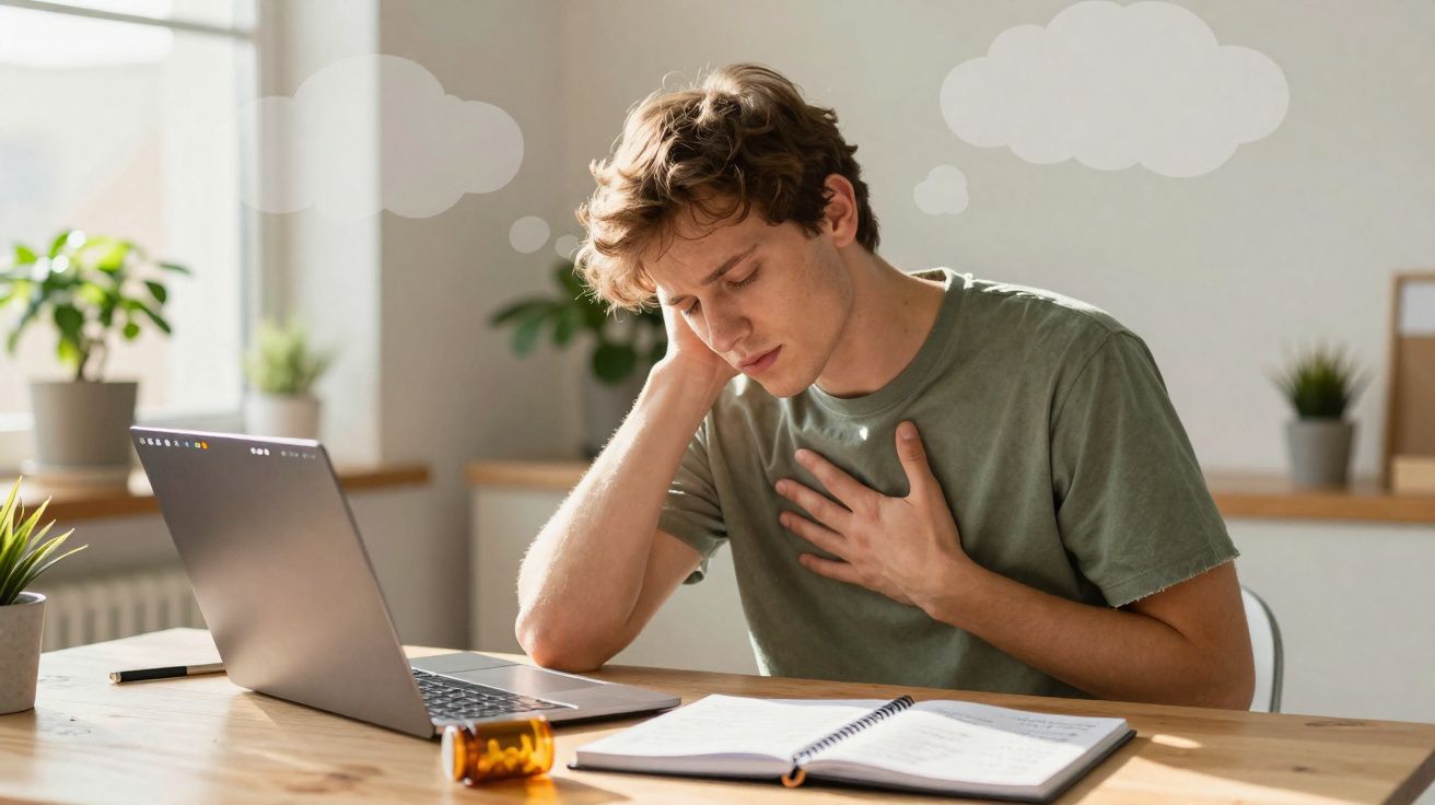 Jovem com mão no peito expressando desconforto enquanto estuda em casa com laptop e remédio na mesa.
