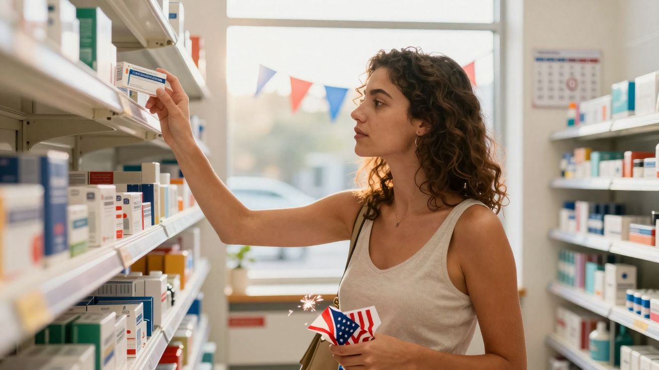 Mulher escolhendo medicamento na prateleira de farmácia, segurando uma pequena bandeira dos EUA.