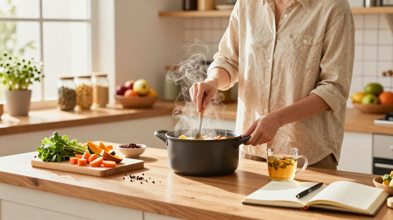 Pessoa mexe panela com legumes cozinhando em cozinha iluminada, com chá e caderno na bancada.