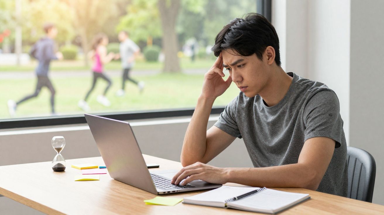 Jovem concentrado trabalha em computador em mesa com caderno e ampulheta, com pessoas correndo ao fundo.