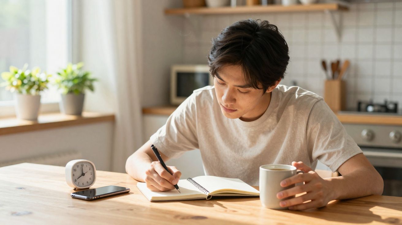 Jovem sentado à mesa escrevendo em caderno e segurando uma caneca, com relógio e celular ao lado.