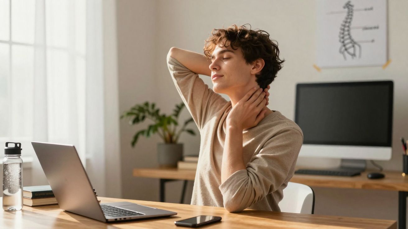 Jovem sentado em escritório fazendo alongamento no pescoço com olhos fechados perto de laptop e celular.