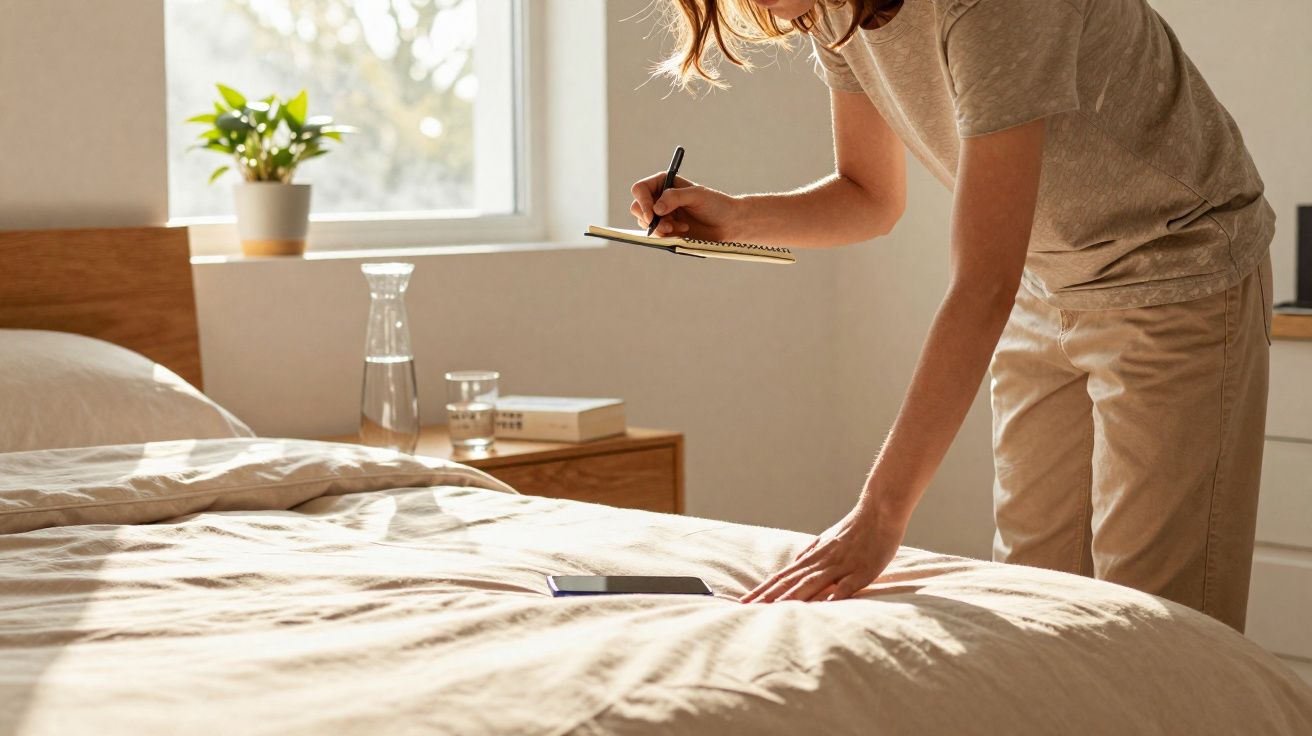 Pessoa escrevendo em caderno com caneta enquanto está ao lado da cama arrumada em quarto iluminado pela janela.