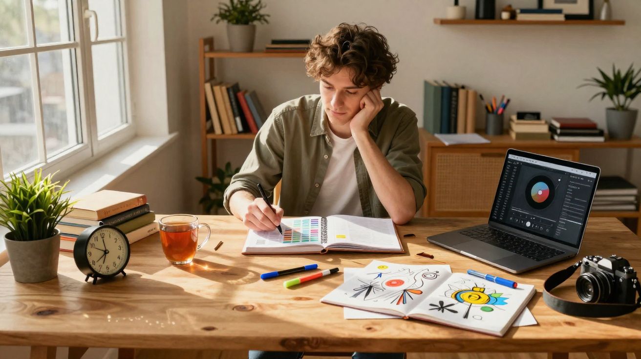 Jovem sentado à mesa, usando bloco de amostras de cores, com laptop, desenhos e câmera ao redor em ambiente iluminado.