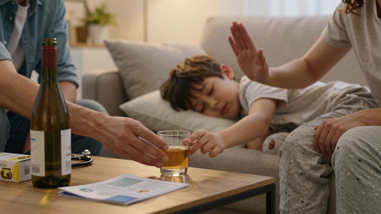 Criança deitada no sofá, enquanto adulto recusa um copo de bebida oferecido por outra pessoa.