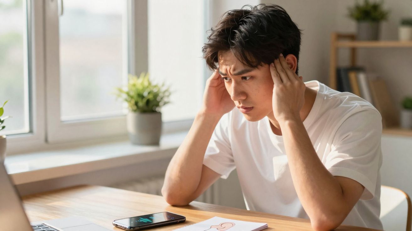 Jovem preocupado sentado à mesa com as mãos na cabeça, olhando para smartphone e laptop iluminados.