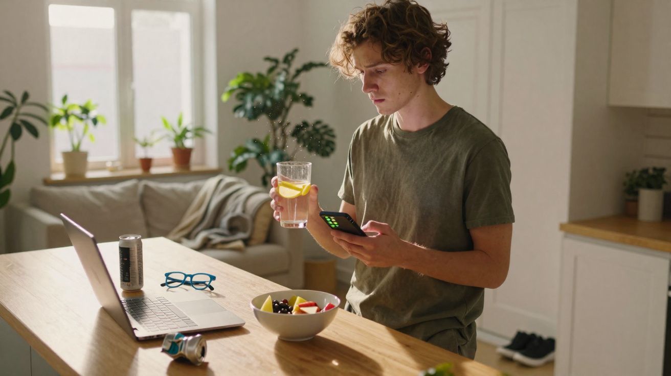Jovem segurando copo com água e fatia de limão, olhando para celular, com laptop e comida na mesa.