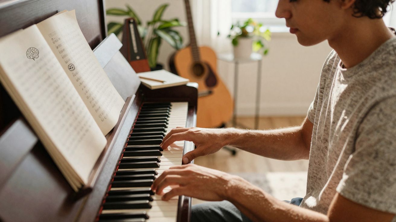 Pessoa tocando piano com partitura aberta e violão ao fundo em ambiente iluminado.