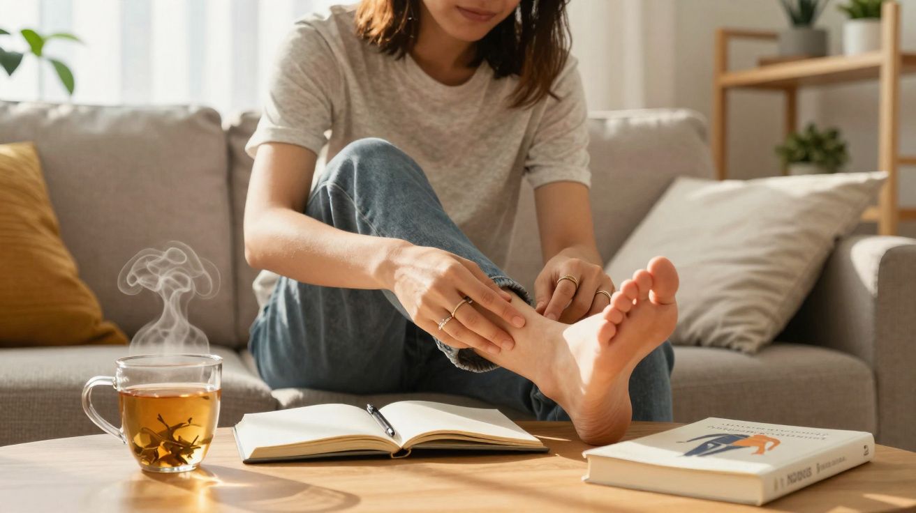 Pessoa sentada no sofá massageando o pé, com chá quente e livros sobre a mesa de centro.