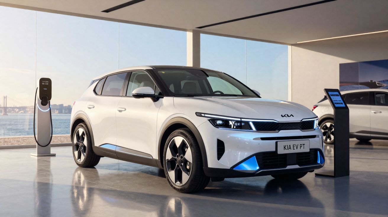 Carro elétrico branco Kia EV PT em showroom moderno com estação de recarga e display digital.