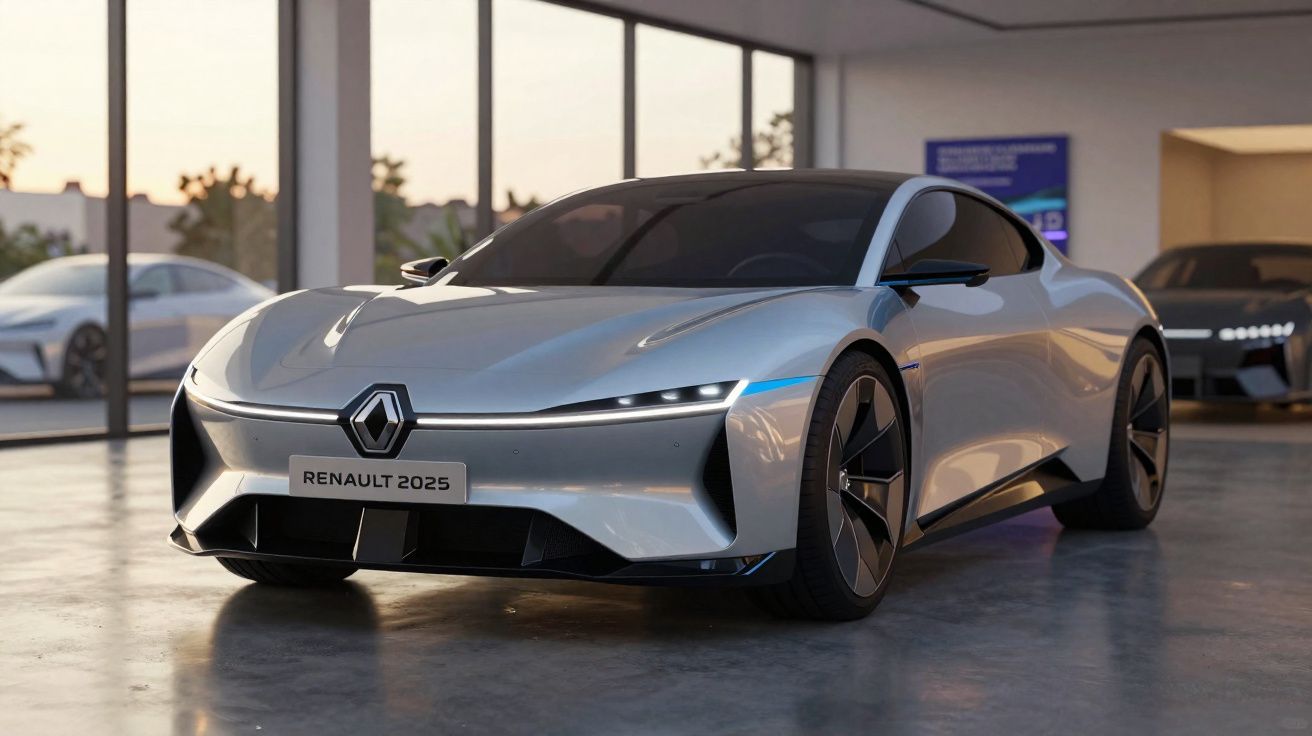 Carro esportivo conceito elétrico Renault 2025 prateado exibido em salão moderno com grandes janelas.