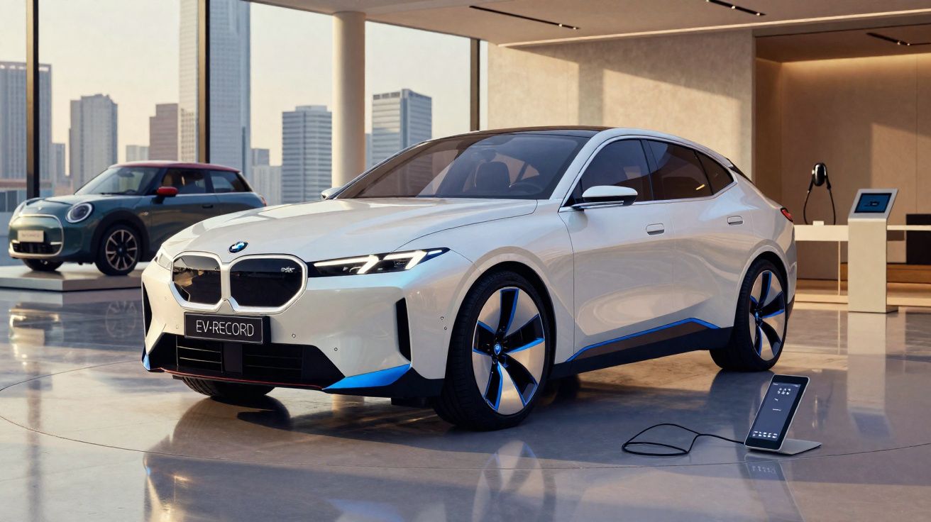 Carro elétrico BMW branco em showroom moderno com prédio e veículo ao fundo, carregador conectado.