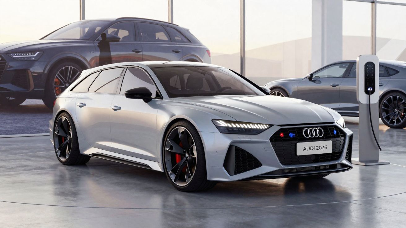 Carro elétrico Audi 2026 prata exibido em showroom moderno com detalhes esportivos e rodas pretas.