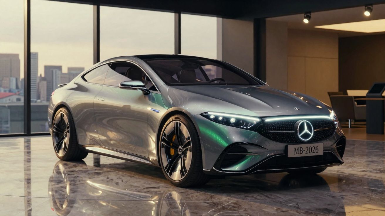 Carro esportivo prata Mercedes-Benz elétrico estacionado em ambiente interno moderno com grande janela e vista urbana.