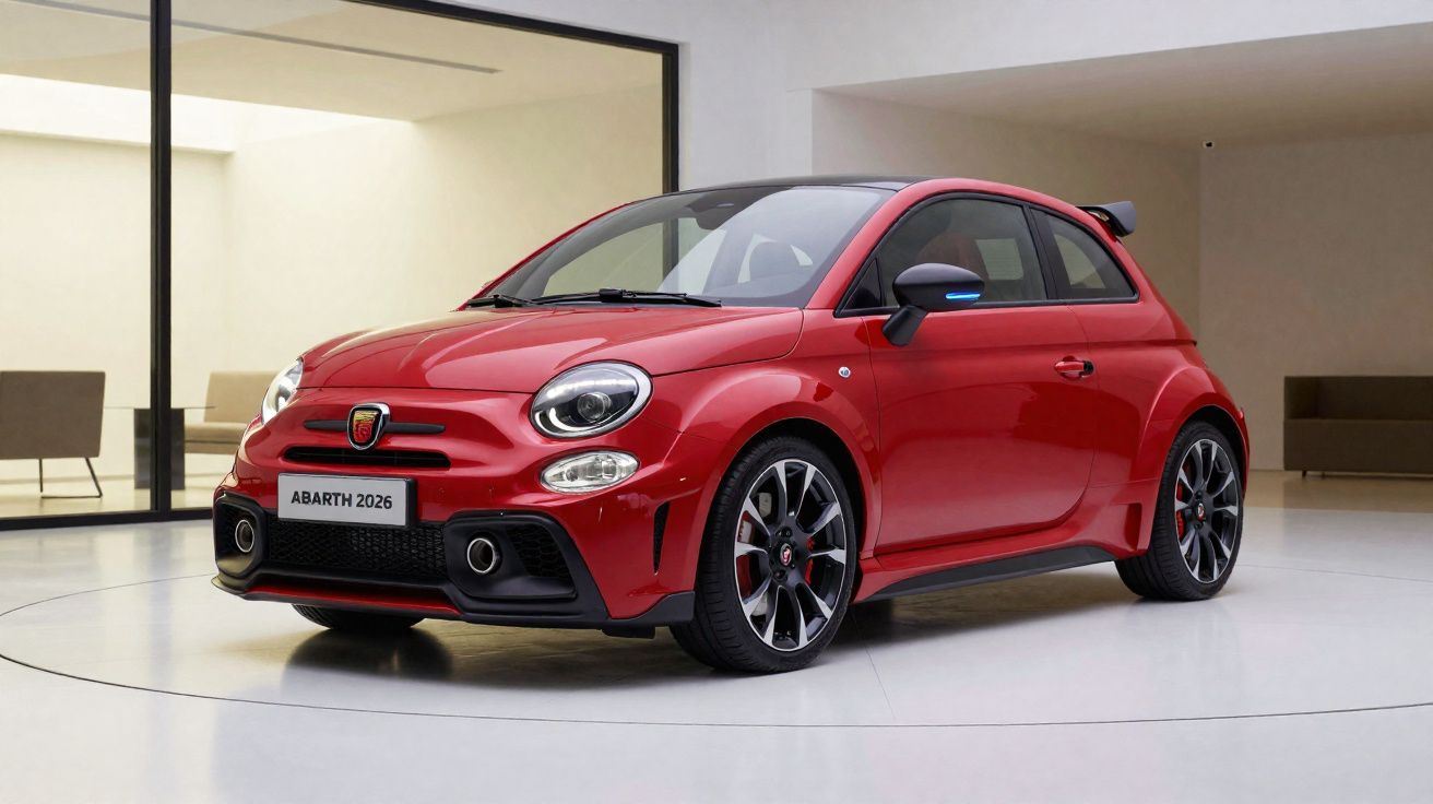 Carro esportivo Abarth 2026 vermelho em ambiente interno moderno e minimalista.