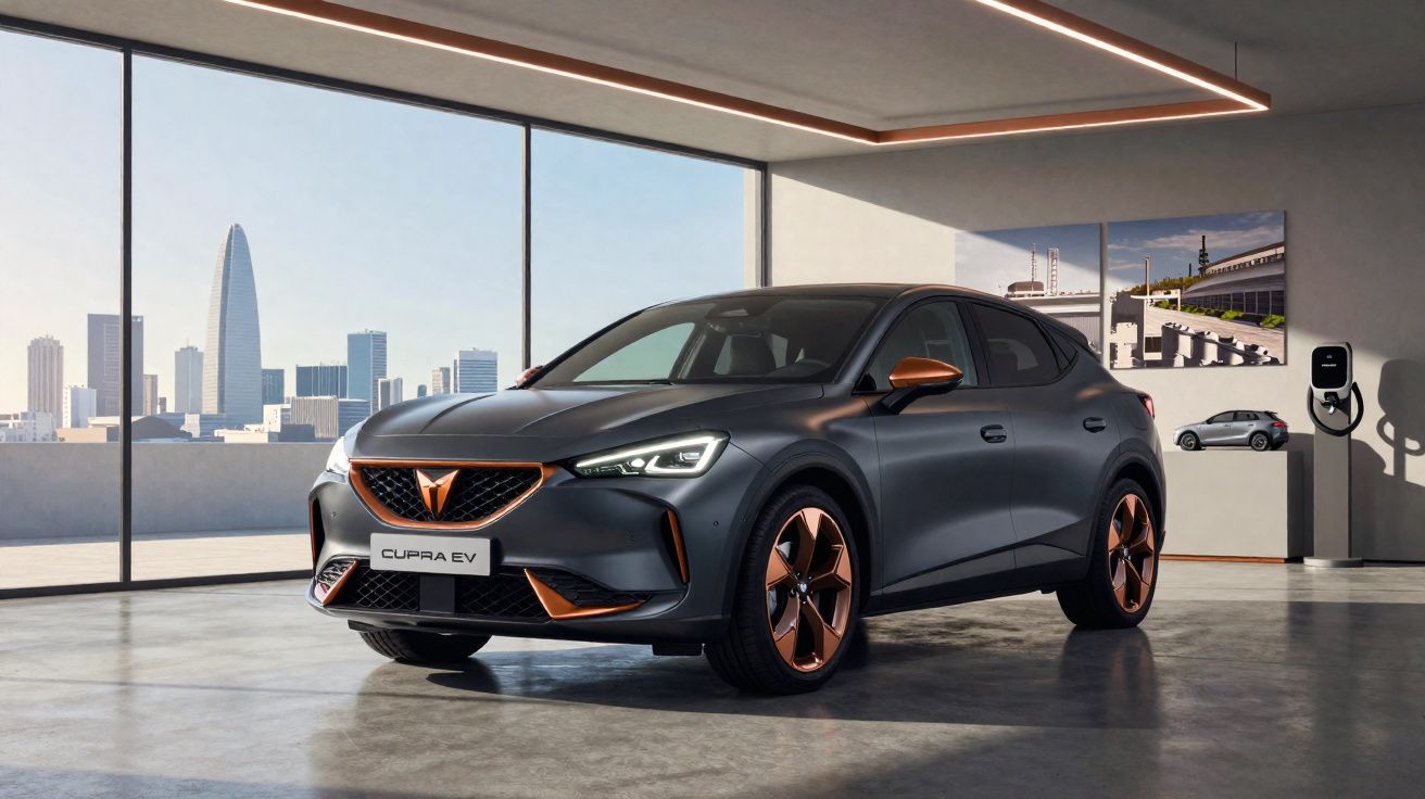 Carro elétrico Cupra EV cinza com detalhes em cobre estacionado em garagem moderna com vista para cidade.