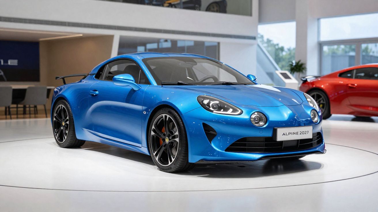 Carro esportivo azul Alpine 2027 em exibição dentro de showroom moderno.