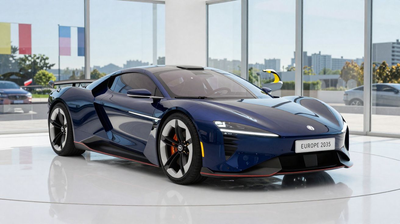 Carro esportivo elétrico azul escuro com design futurista exposto em showroom iluminado.