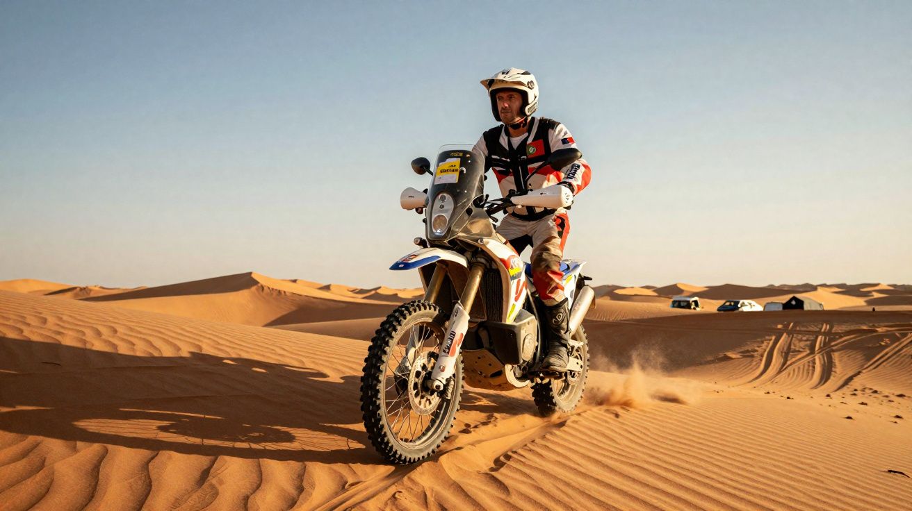 Homem pilotando motocicleta off-road em dunas de areia sob céu claro ao entardecer.