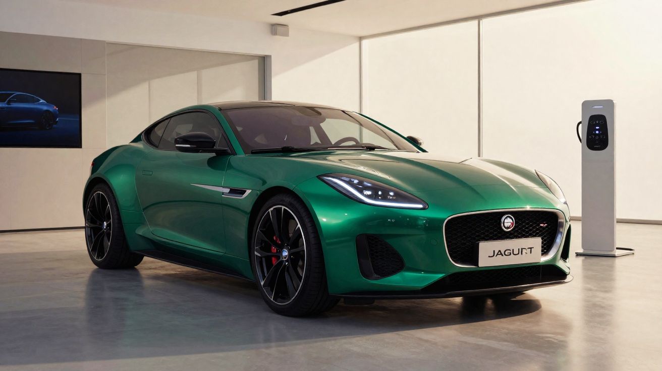 Carro esportivo verde Jaguar estacionado em ambiente interno com carregador elétrico ao lado.